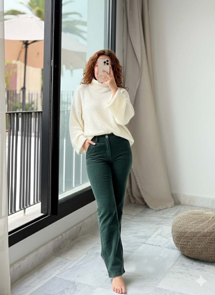 Look d'Hiver : Pull Blanc et Pantalon Vert